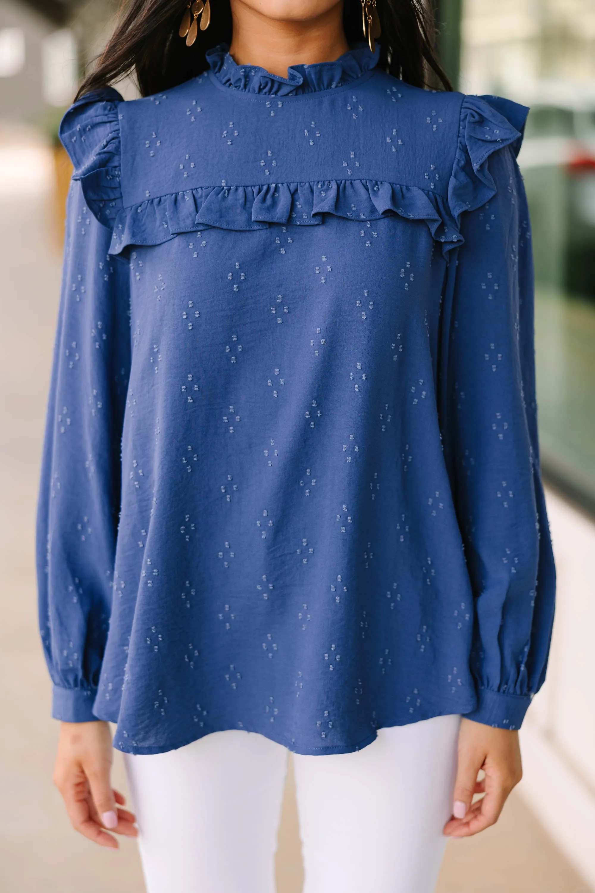 Romantic History Denim Blue Ruffled Blouse