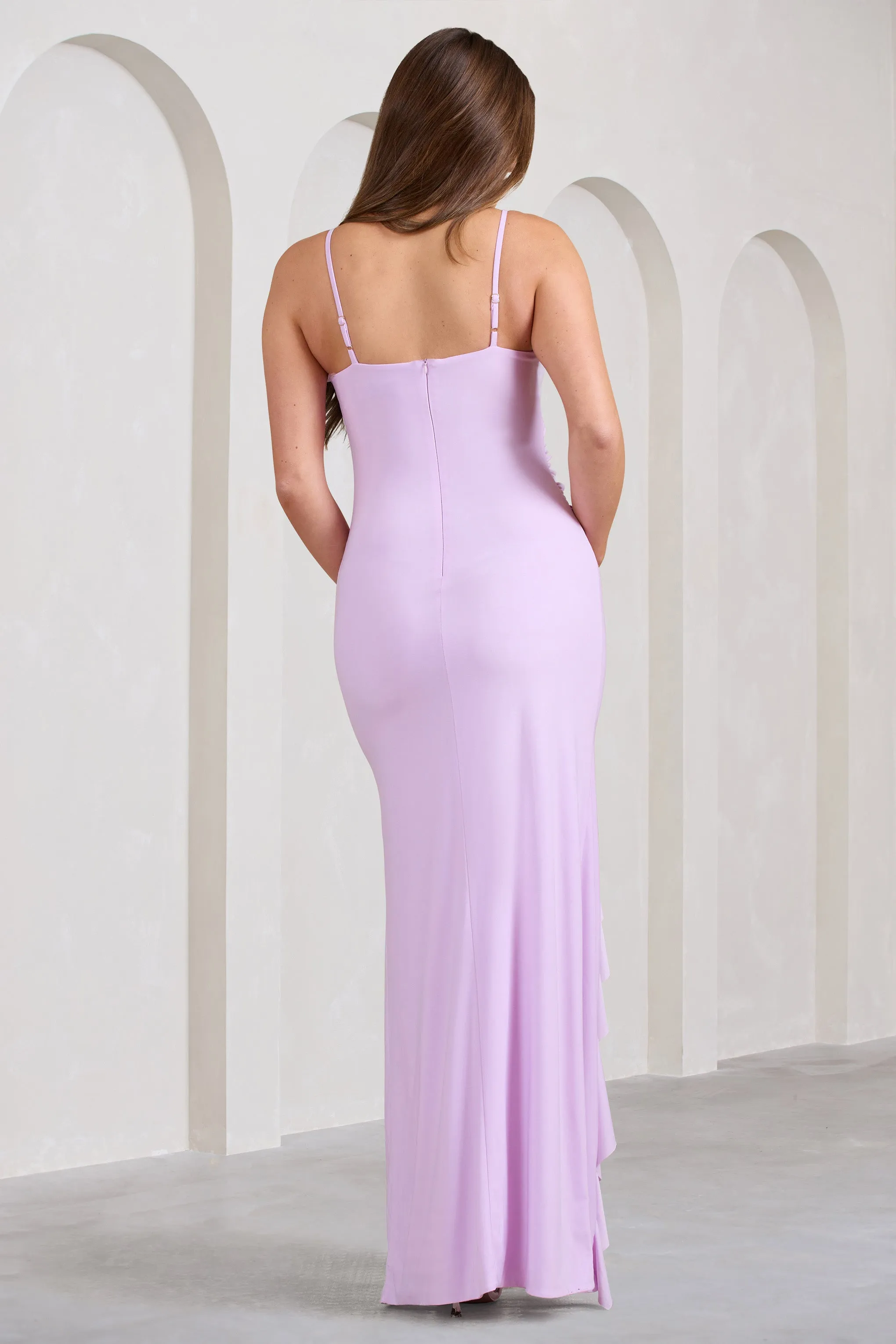 Susan | Lilac Maternity Bandeau Ruffle Maxi Dress With Thigh Splits