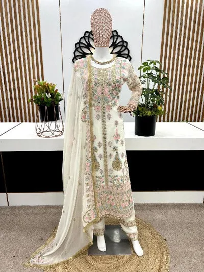 White Georgette Heavy Sequenced Embroidered Straight Suit Set