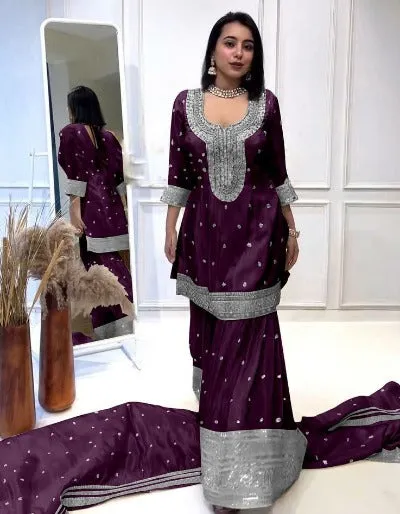 Wine Heavy Chinon Silk Embroidered Sharara Suit Set