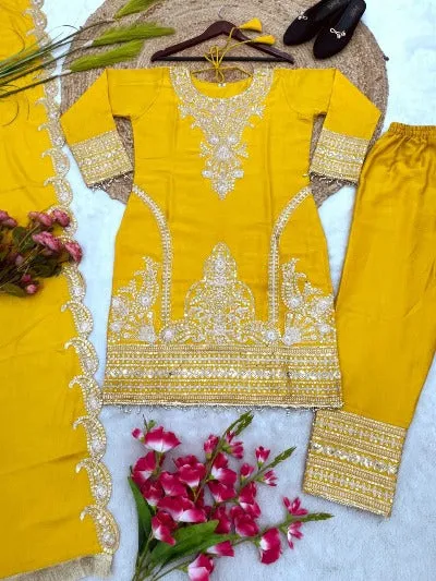 Yellow Chinon Silk Embroidered Coding Sequence Salwar Suit Set