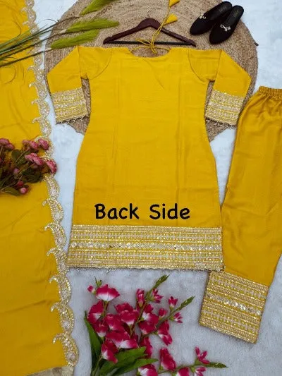 Yellow Chinon Silk Embroidered Coding Sequence Salwar Suit Set