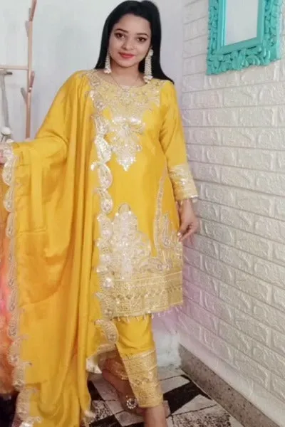 Yellow Chinon Silk Embroidered Coding Sequence Salwar Suit Set